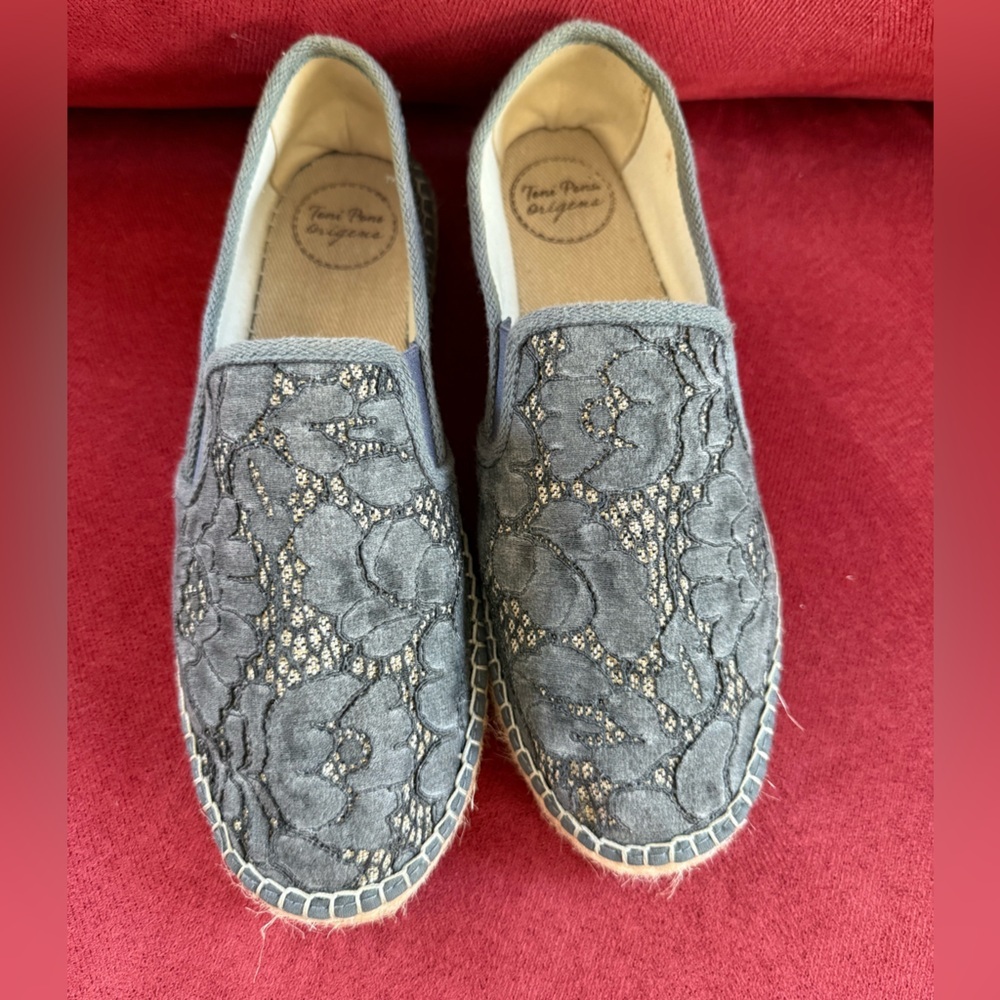 Toni Pons Espadrilles – Blue-Grey Floral lace overlay.  Slight shimmer.  Size 39
